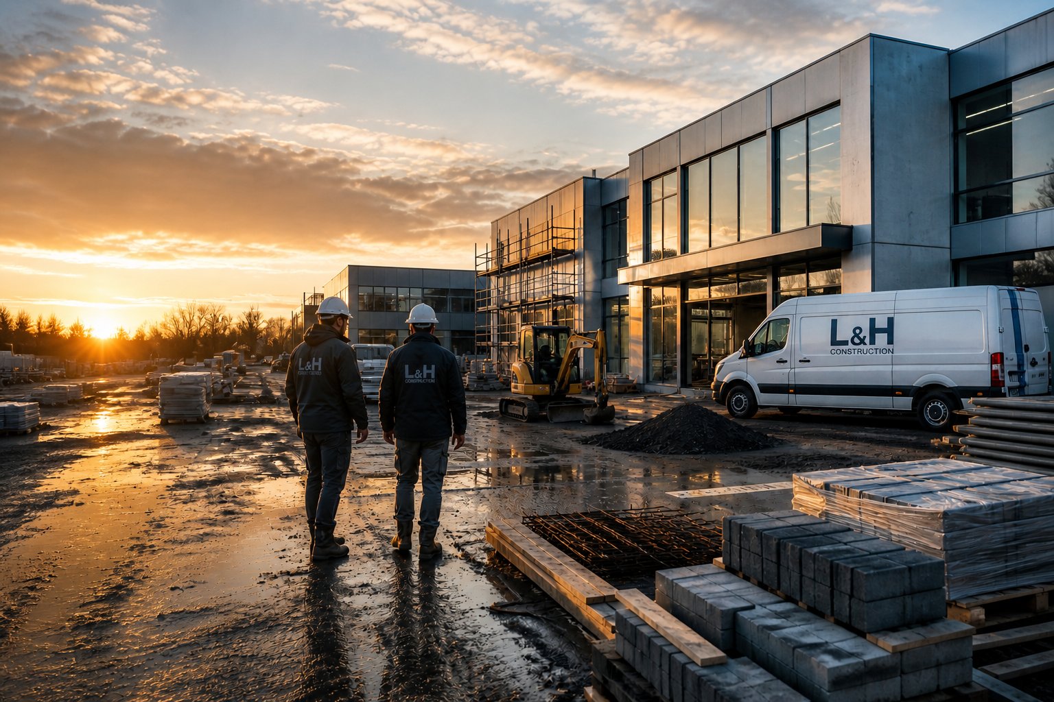L&H Construction – Bauteam auf einer Gewerbebaustelle bei Sonnenuntergang mit Firmenfahrzeug